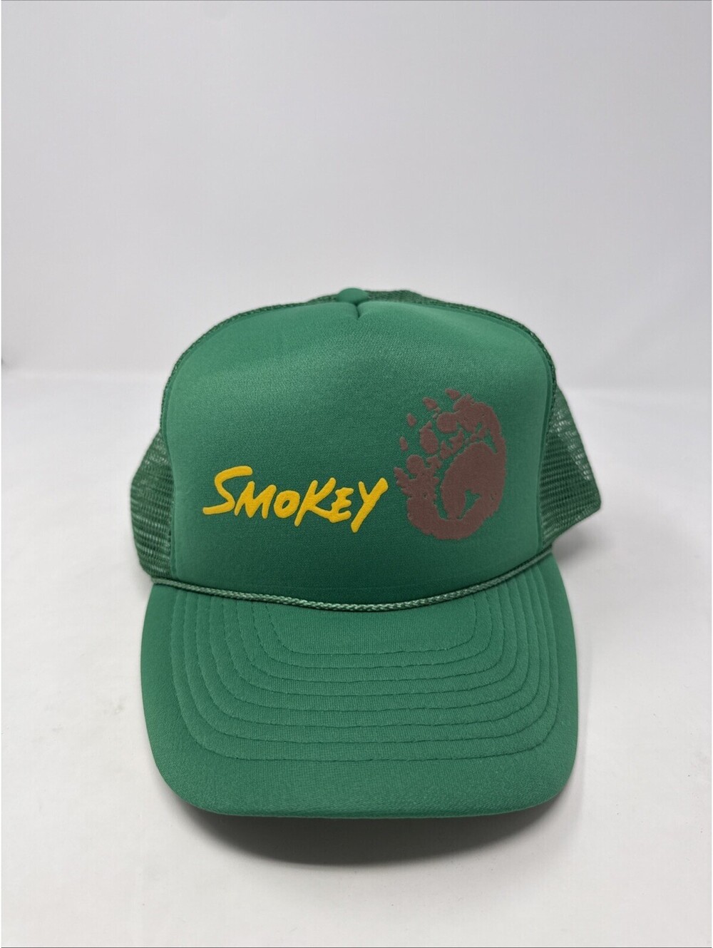 Vintage CAMEO Smokey The Bear Paw Print Green Mesh Rope Snapback Trucker Hat